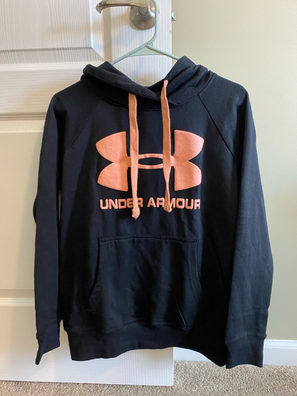Under Armour Black Hoodie with Peach Logo & Drawstrings